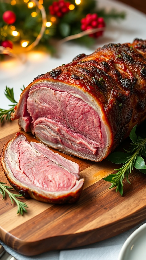 A succulent herb-crusted prime rib roast garnished with fresh herbs, displayed on a rustic wooden board with festive decorations.